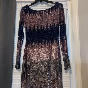 B Darlin knee length Long Sleeve Sequin Dress - Navy and Rose Gold